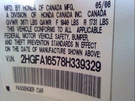 2008 CIVIC, WHITE, LX, 1.8L, AT,  A25051